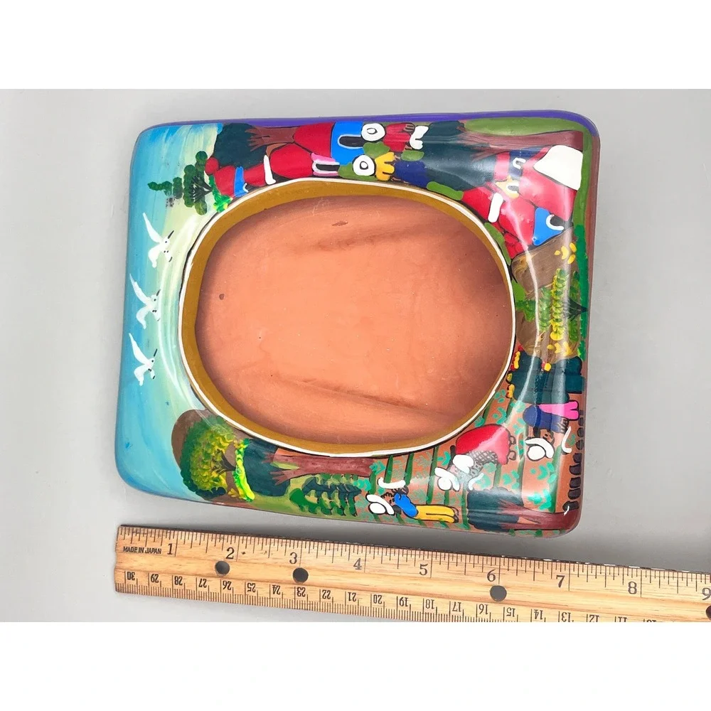 Handpainted Talavera Terracotta Folk Art Picture Frame Mexican Landscape 7.5x6.5